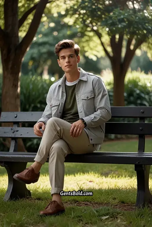 22. Grey Cargo Jacket with White Crew Neck and Khaki Pants