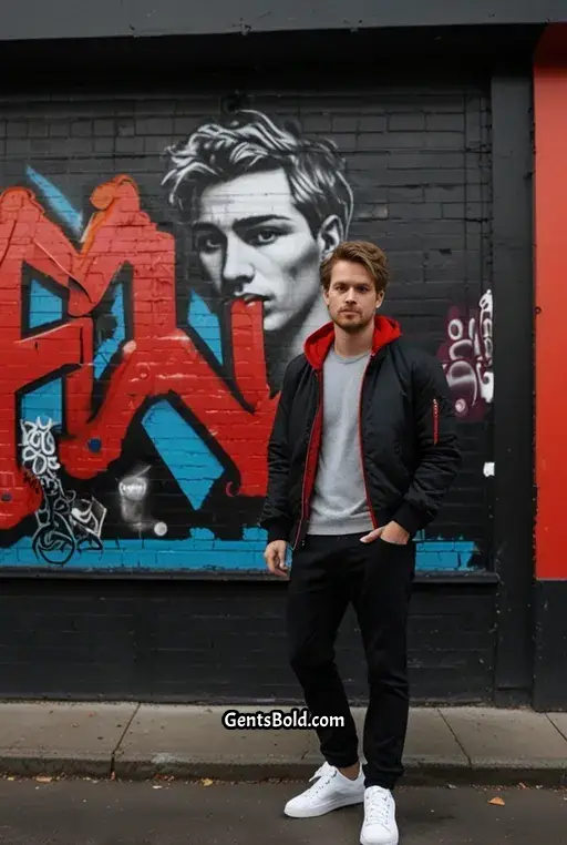23. Casual Street Style with a Bright Red Scarf