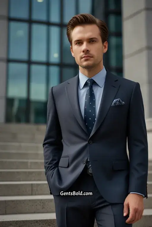 23. Navy Blazer with Grey Trousers