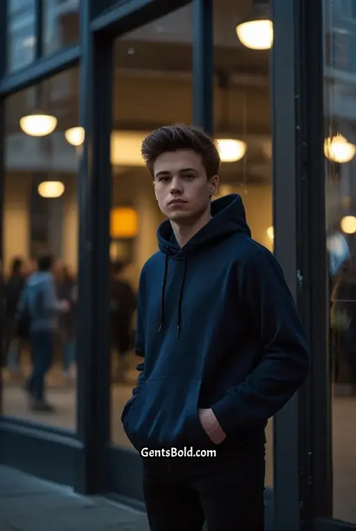 23. Navy Hoodie with Black Jeans