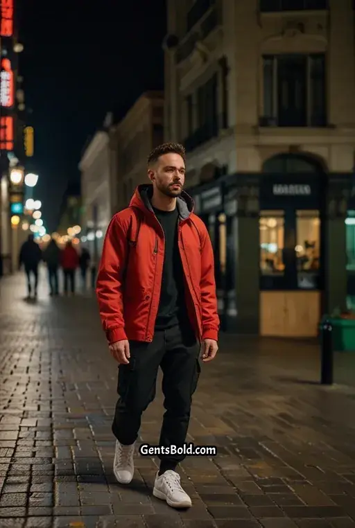 23. Olive Cargo Jacket with Red Hoodie and Black Joggers
