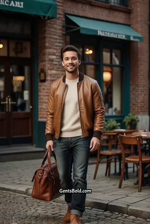 24. Brown Bomber Jacket With Dark Denim