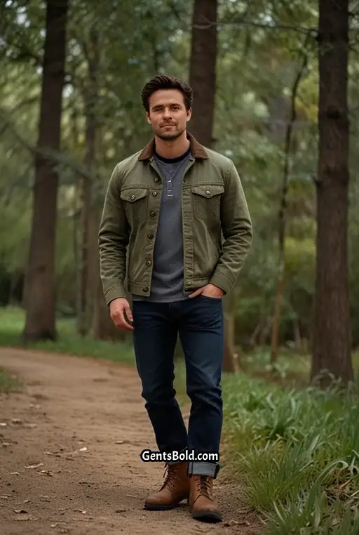 24. Olive Green Jacket and Dark Blue Jeans