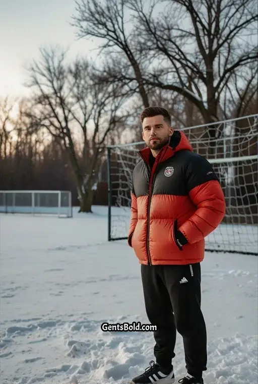 24. Sporty Winter Look with a Red and Black Puffer Jacket