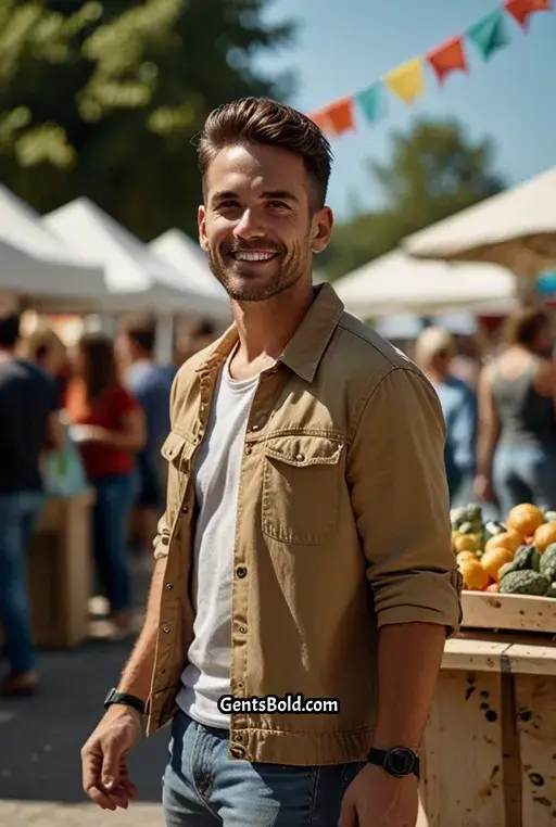 24. Tan Cargo Jacket with Black T shirt and Denim Shorts