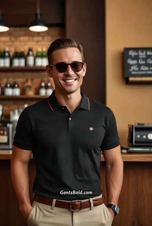 3. Black Polo Shirt With Slim Fit Khakis