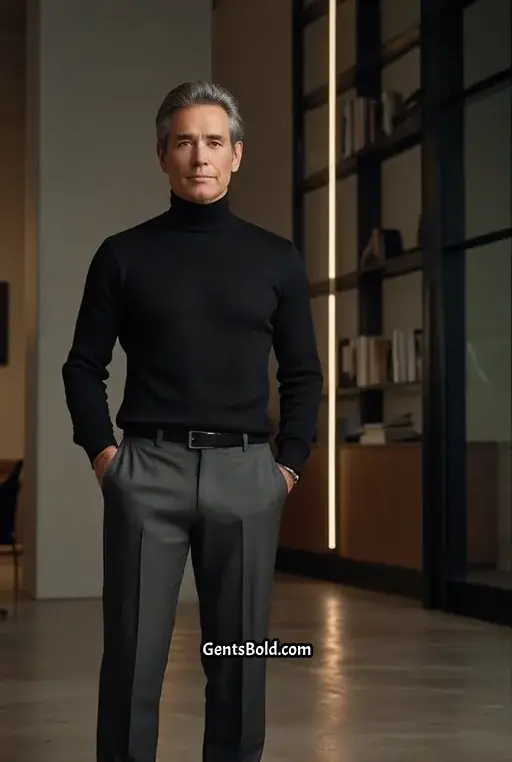 3. Black Turtleneck and Grey Slacks