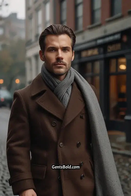 3. Double Breasted Coat with Grey Slacks