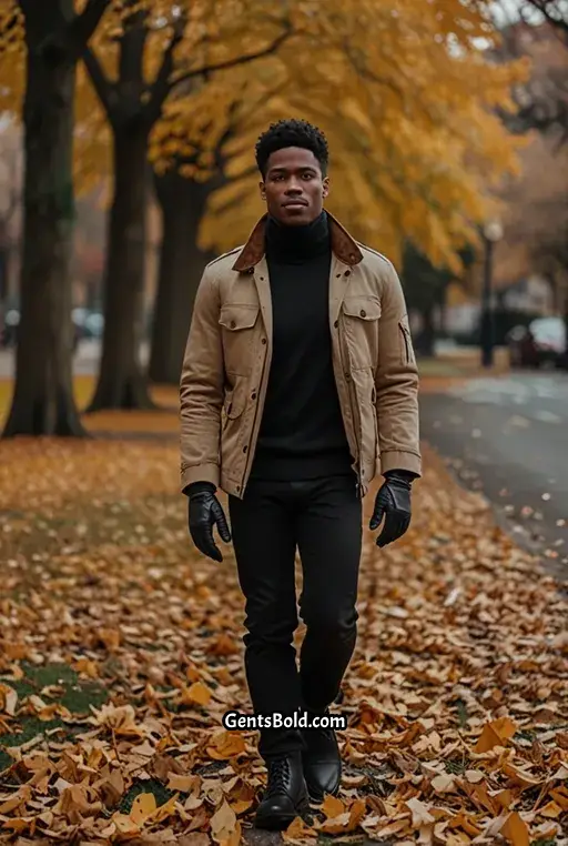 3. Tan Cargo Jacket with a Black Turtleneck and Dark Jeans