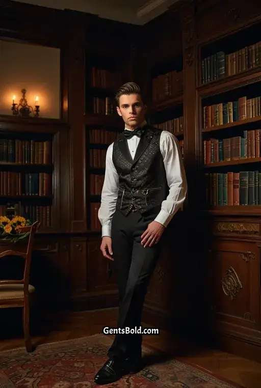 4. High Collared Shirt with Waistcoat and Brocade Pants
