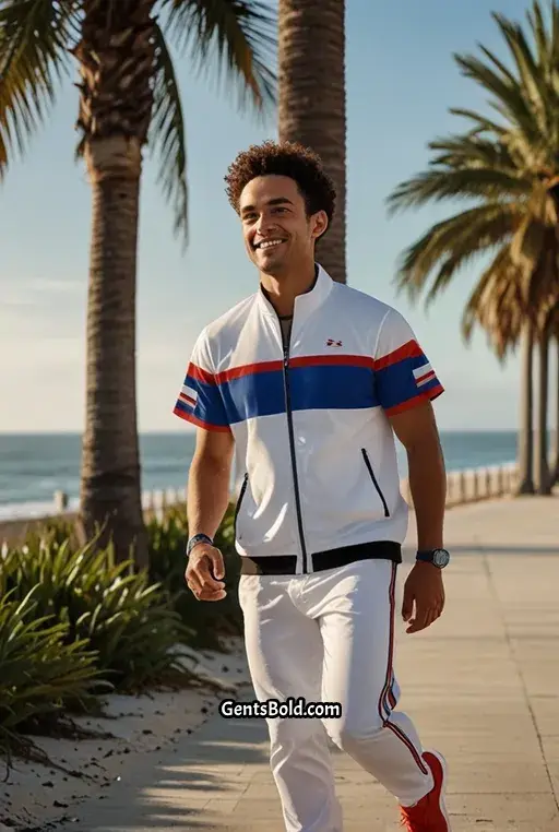 4. White Track Pants with Blue and Red Stripes