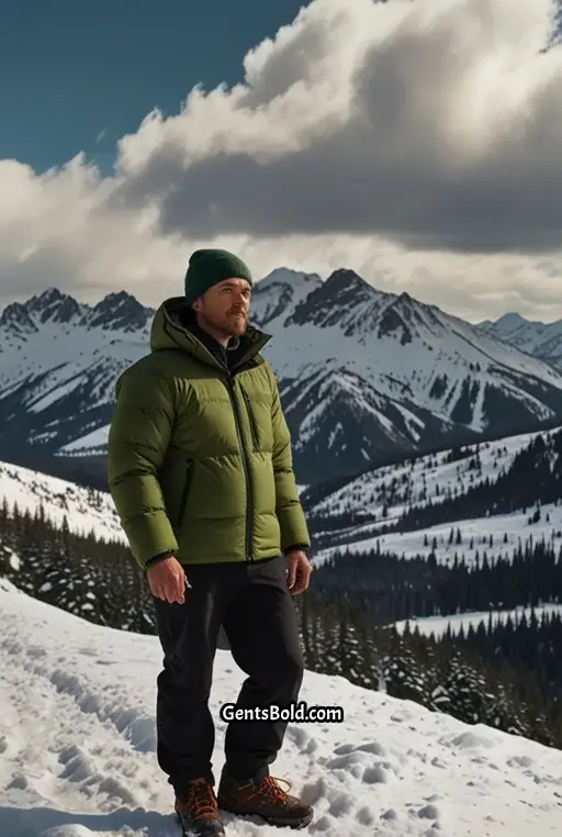 4. Winter Hiking Outfit with a Green Puffer Jacket