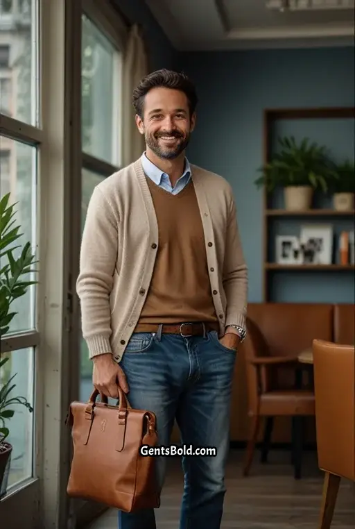 5. Beige Cardigan With Dark Denim