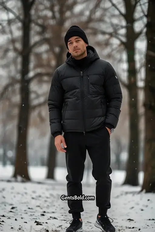 6. Black Puffer Jacket and Jogger Pants Combo