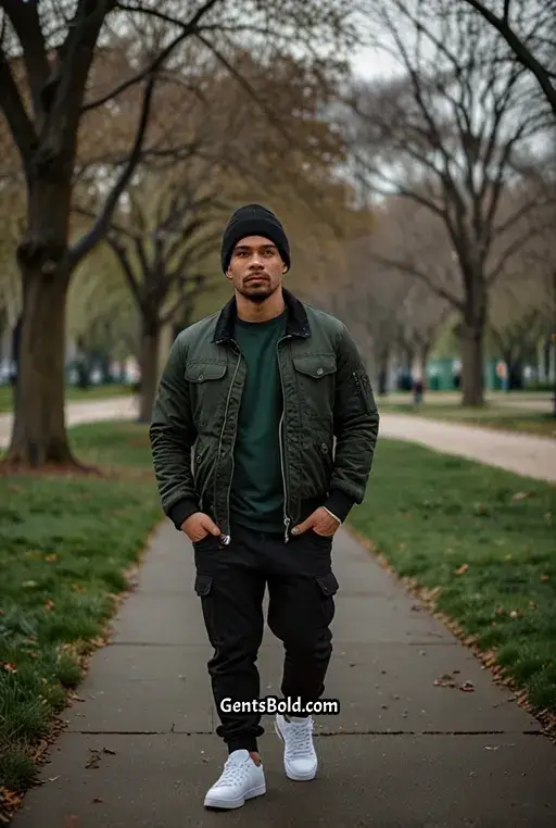 7. Black Cargo Jacket with Grey Sweatshirt and Sneakers