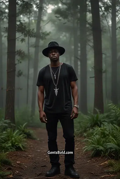 7. Black Mesh Shirt with Wide Brim Hat