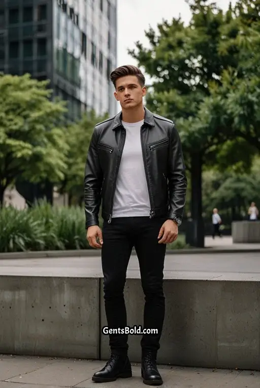 7. Leather Jacket with White Shirt and Black Jeans