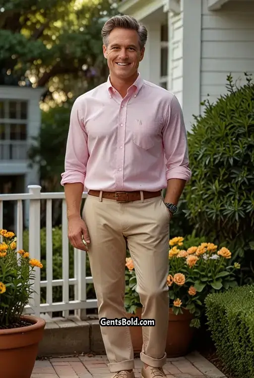 7. Pastel Pink Oxford Shirt with Beige Chinos