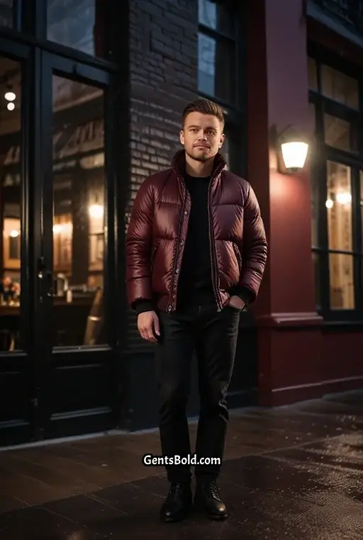 7. Winter Date Night with a Burgundy Puffer Jacket