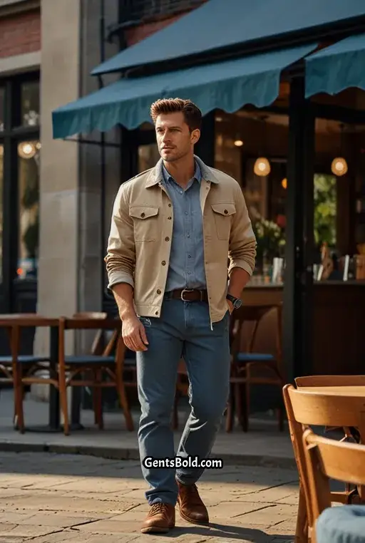 8. Beige Cargo Jacket with Blue Denim Shirt and Slim Pants