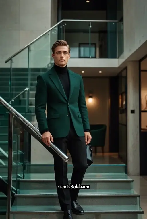 9. Dark Green Blazer With Black Turtleneck