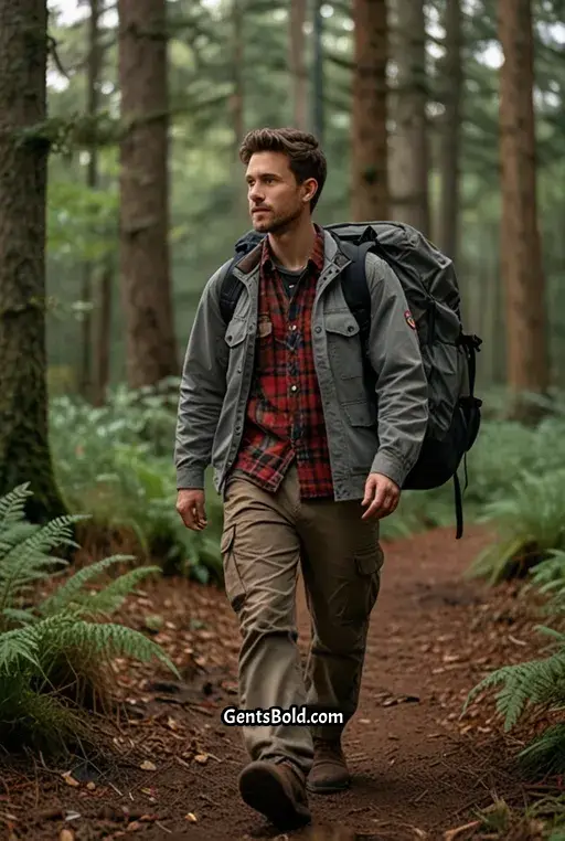 9. Grey Cargo Jacket with Plaid Shirt and Boots