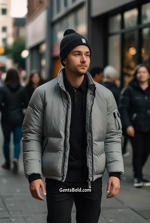 9. Street Casual with a Grey Puffer Jacket and Beanie