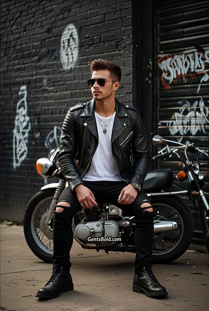 1. Black Leather Jacket with Ripped Jeans