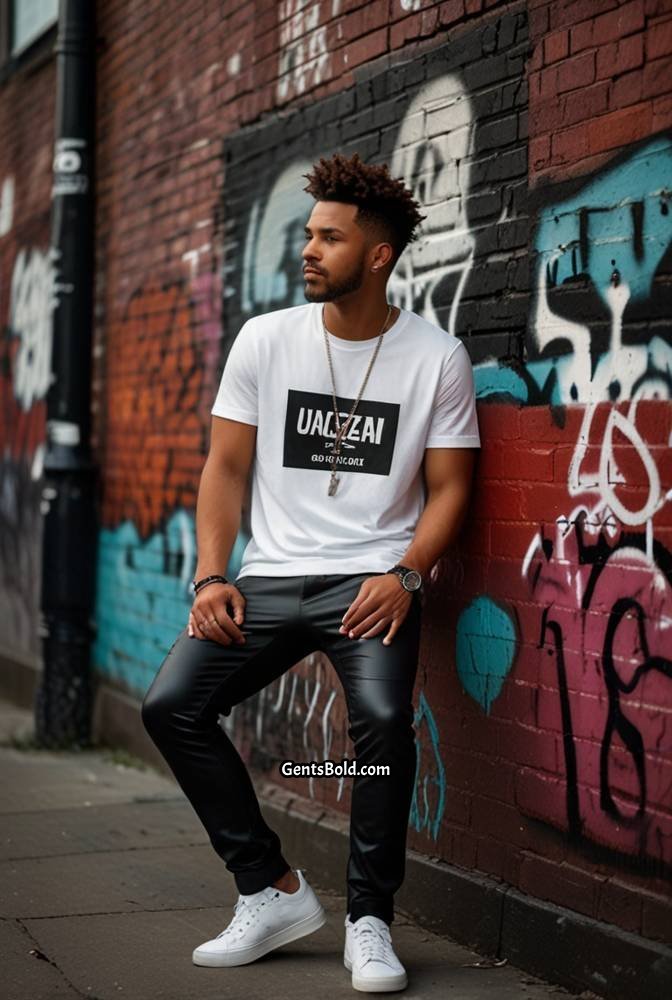 1. Black Leather Pants with White Graphic Tee