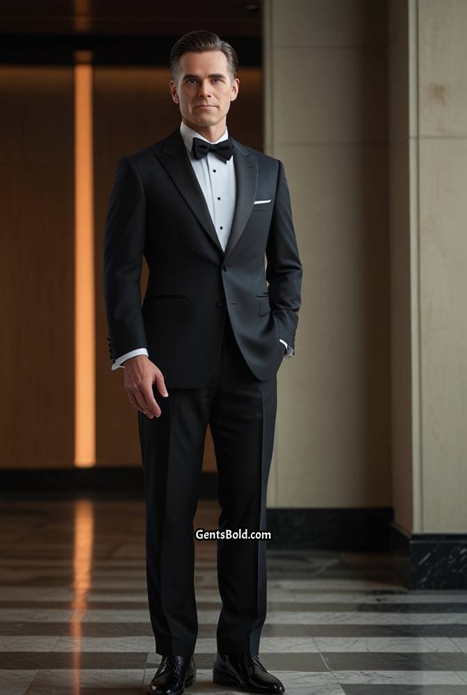 1. Classic Black Tuxedo with Satin Bow Tie