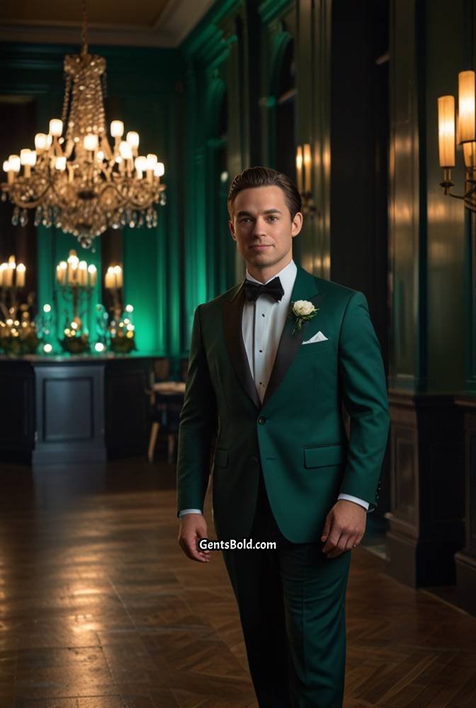 10. Dark Green Suit with Bow Tie and Pocket Square