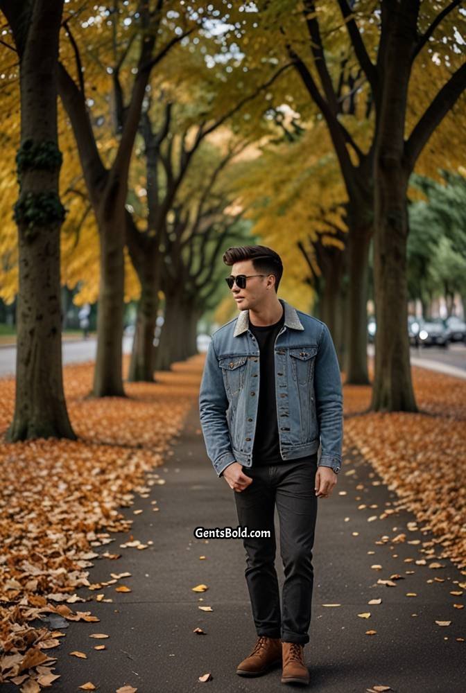 11. Denim Jacket with Grey Chinos
