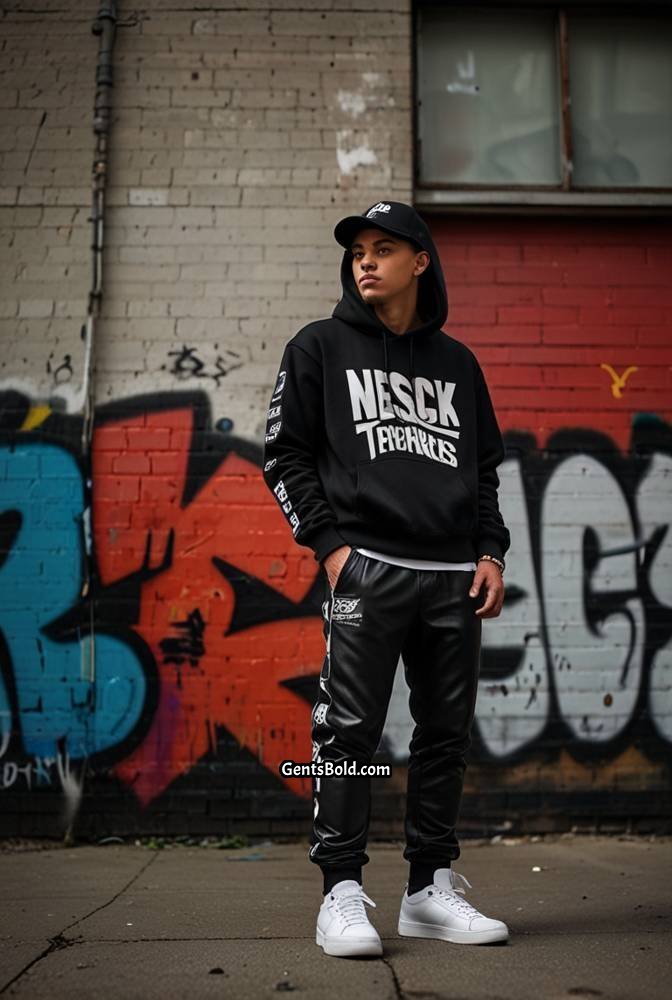 12. Black Leather Pants with Graphic Hoodie