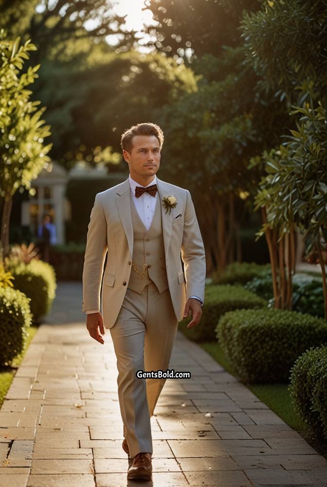 12. Tan Suit with Cream Bow Tie