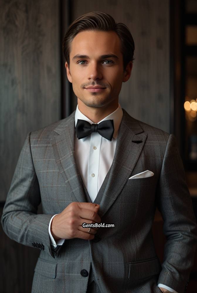 14. Grey Plaid Suit with Black Bow Tie