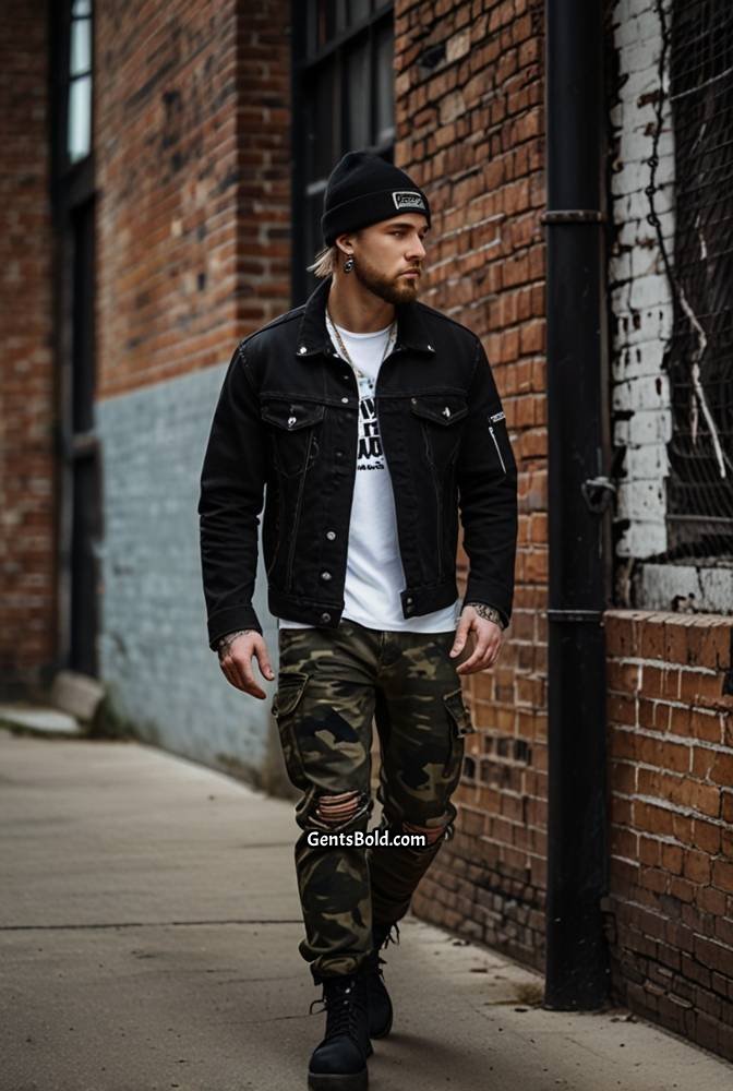 15. Black Denim Jacket with Camo Pants