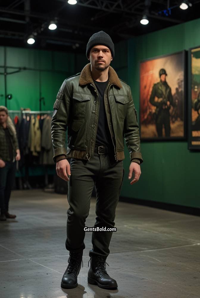 15. Black Leather Pants with Military Jacket
