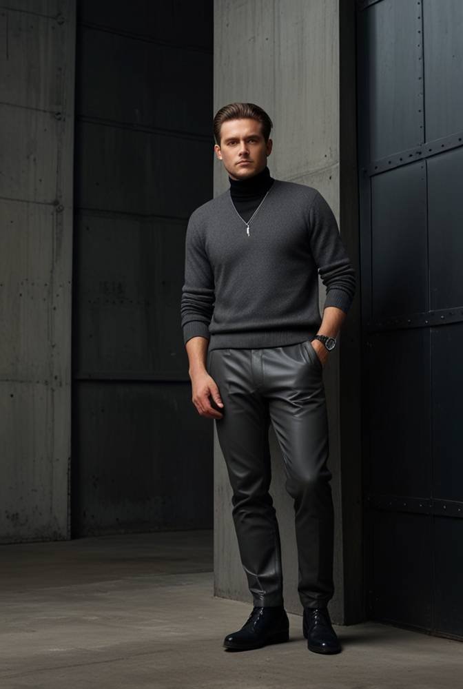 16. Grey Leather Pants with Black Turtleneck