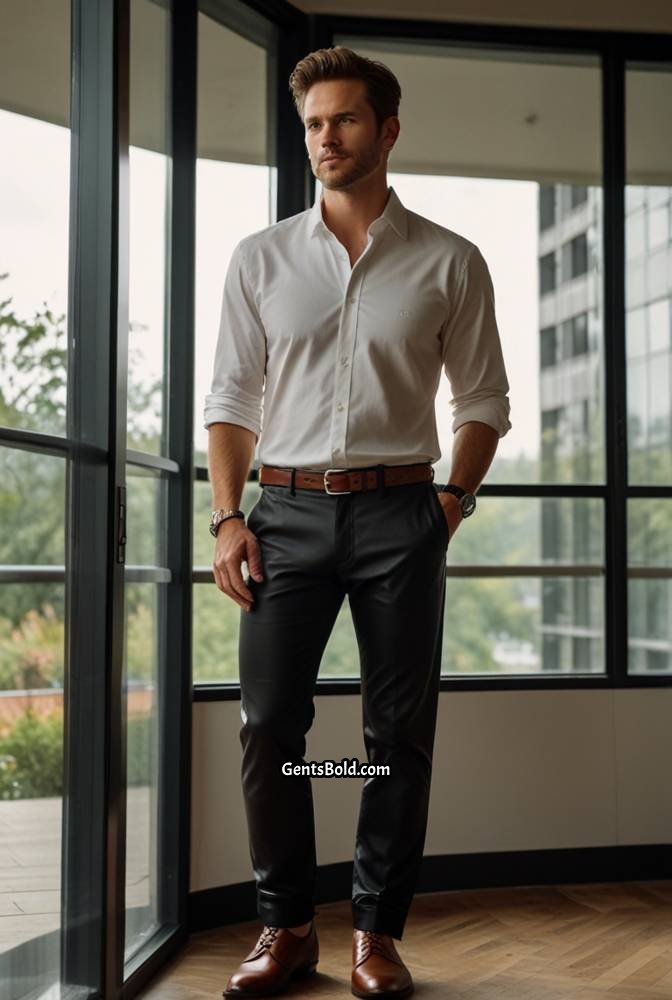 17. Black Leather Pants with Button-Down Shirt