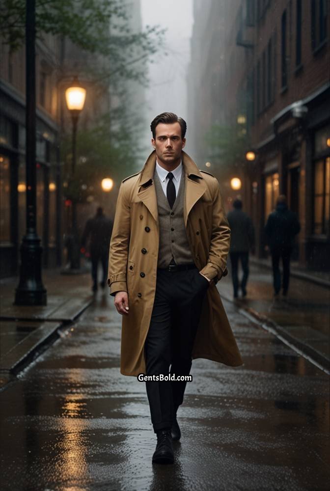 17. Tan Trench Coat with Black Boots