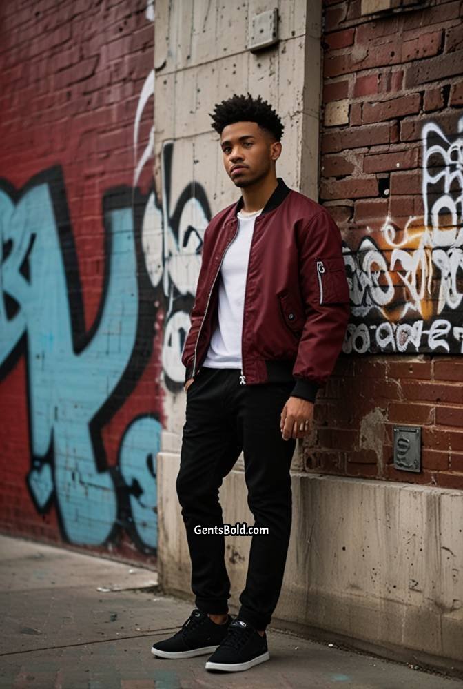 18. Burgundy Bomber Jacket with Black Jeans
