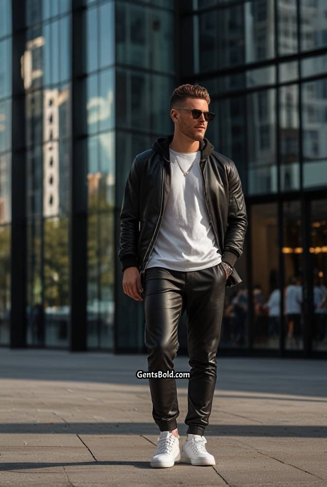 19. Black Leather Pants with Longline Hoodie
