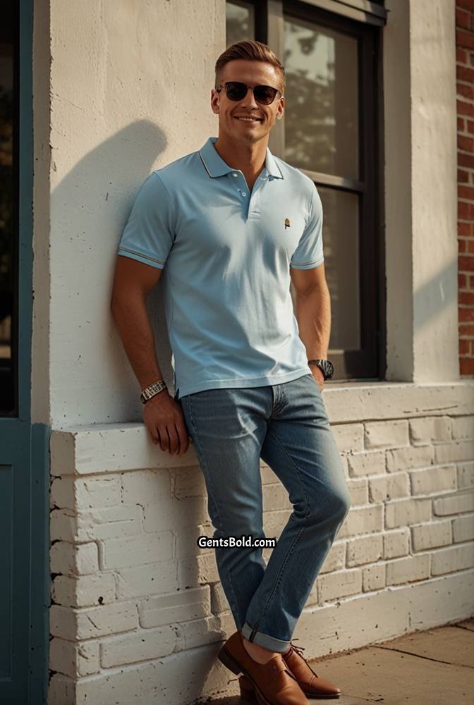 19. White Polo Shirt with Blue Jeans
