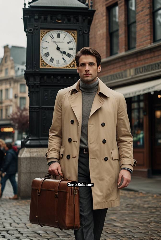 2. Beige Trench Coat with Turtleneck Sweater