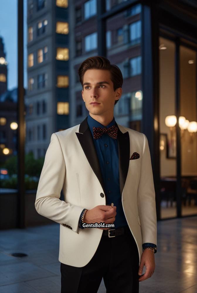 2. Navy Velvet Blazer with Patterned Bow Tie