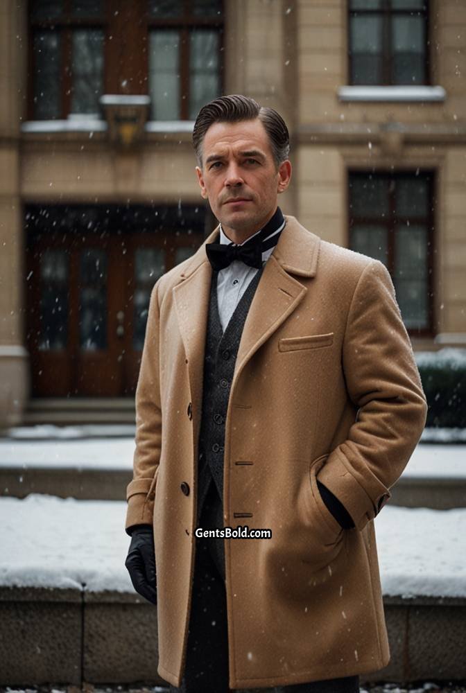 20. Camel Coat with Black Bow Tie
