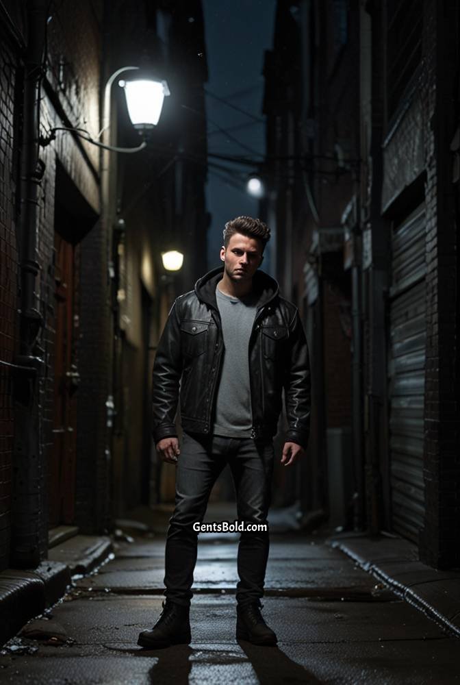 20. Leather Jacket with Grey Hoodie