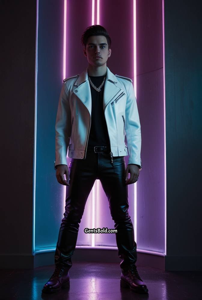 20. White Leather Pants with Black Leather Jacket