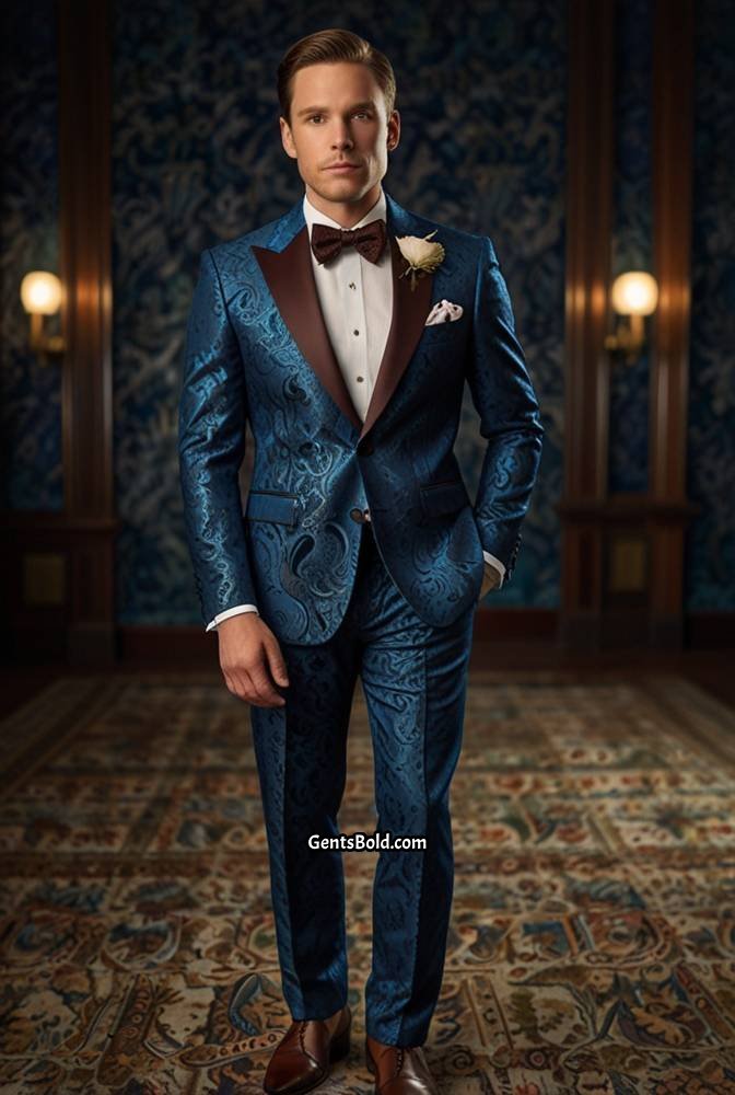 21. Blue Paisley Suit with Velvet Bow Tie