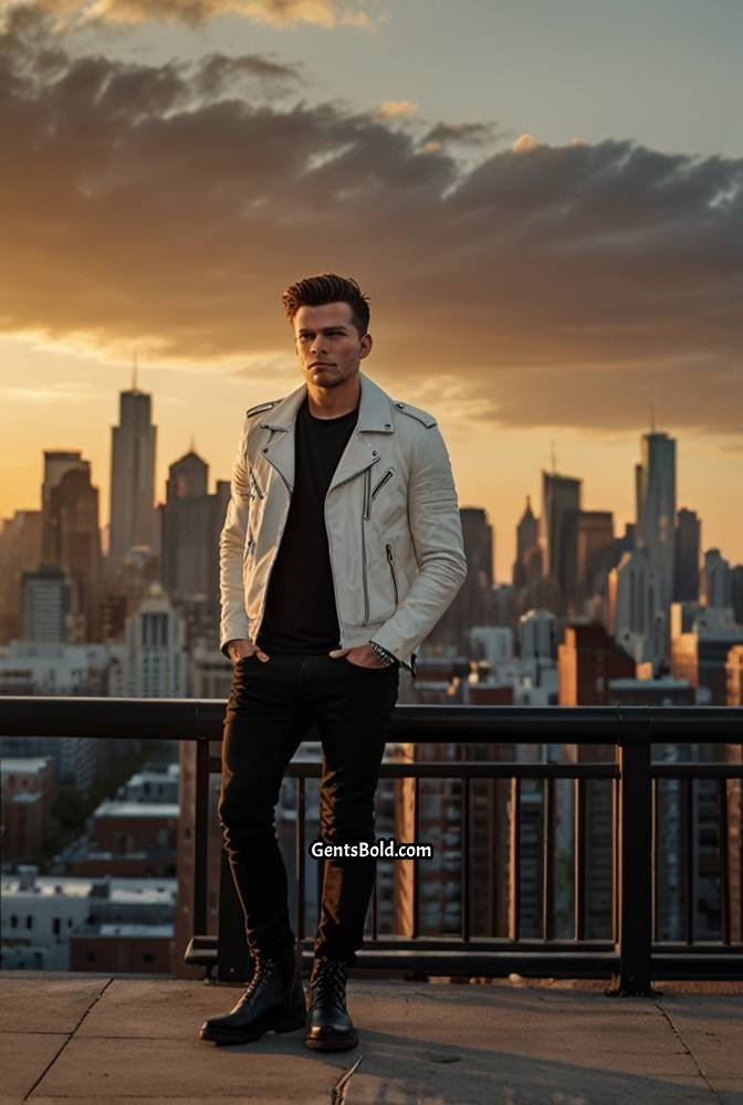 21. White T-shirt with Black Leather Jacket